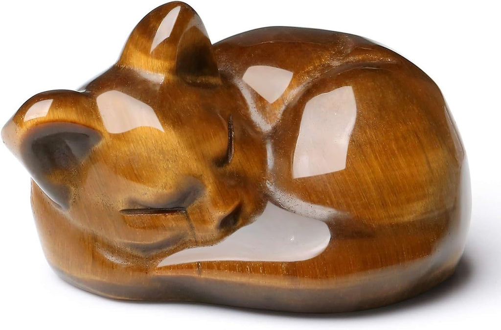 LAIDANLA Tiger Eye Cat Healing Crystals Figurine Sleeping Cat Hand Carved Cute Statue Polished Stone Sculpture Reiki Office Room Bedroom Desk Home Decoration Gifts 1.6"