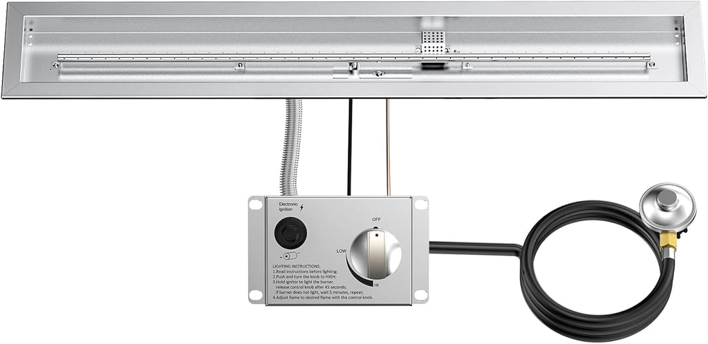 Skyflame Spark Ignition Gas Fire Pit Burner Kit, 48" Linear Stainless Steel Complete Drop-in Burner Kit with Flame Sensing, CSA Certified, Propane Regulator Connector Hose Set for Propane Tank