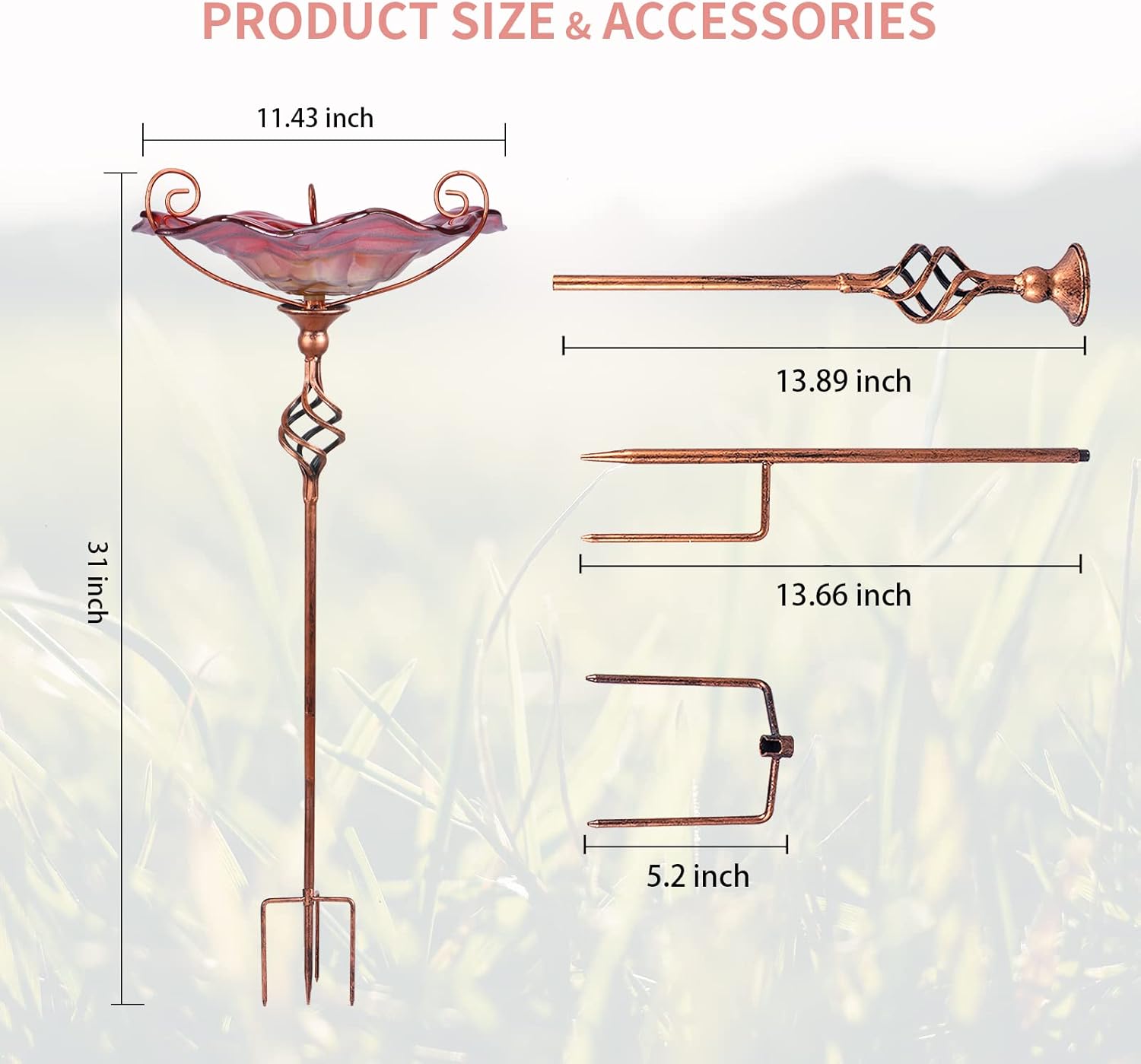 VCUTEKA Bird Bath, Glass Bird Baths for Outdoors Birdfeeder with Metal Stake Birdbath Garden Decor, Red