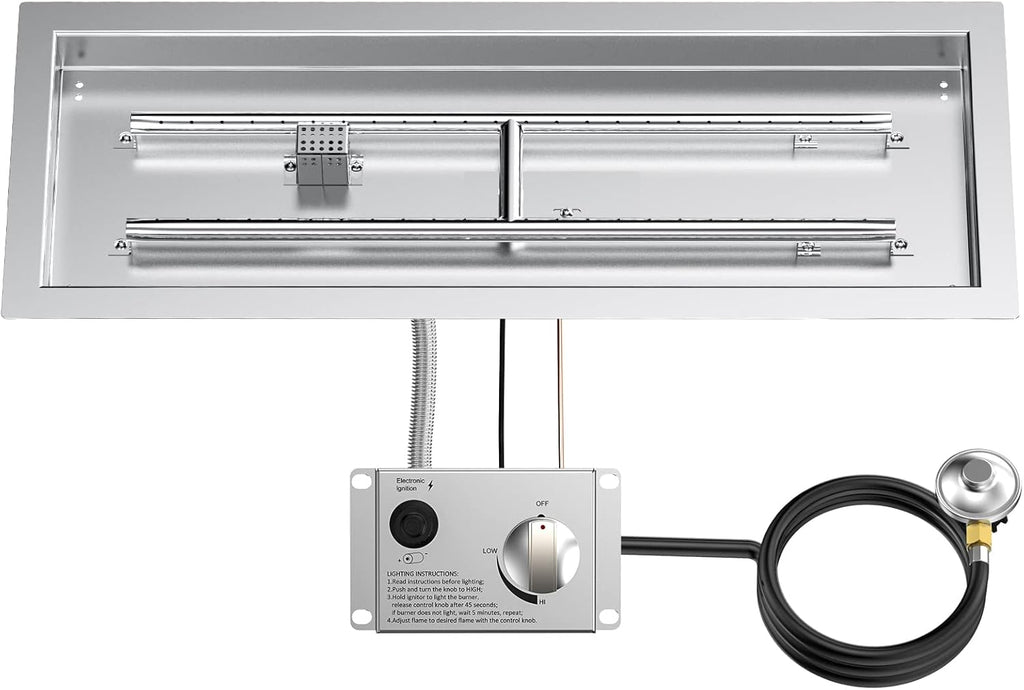 Skyflame 30" Rectangle Stainless Steel Fire Pit Drop-in Burner Kit with Extinguishing Protection Device, Electronic Spark Ignition, and Propane Regulator Hose Set