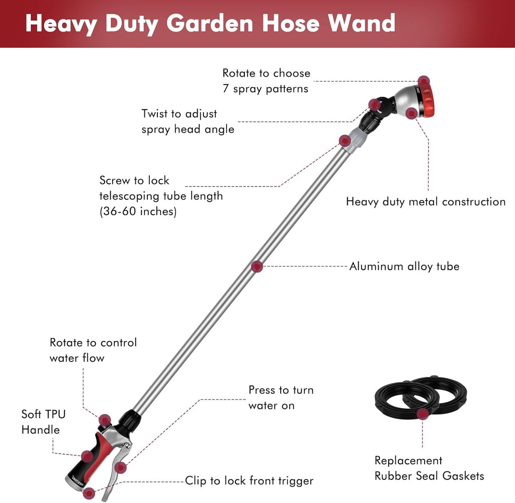 RESTMO Metal Watering Wand, 36”-60” Long Telescopic Tube | 180° Adjustable Ratcheting Head | 7 Spray Patterns | Flow Control, Perfect Garden Hose Sprayer to Water Hanging Baskets, Shrubs, Red