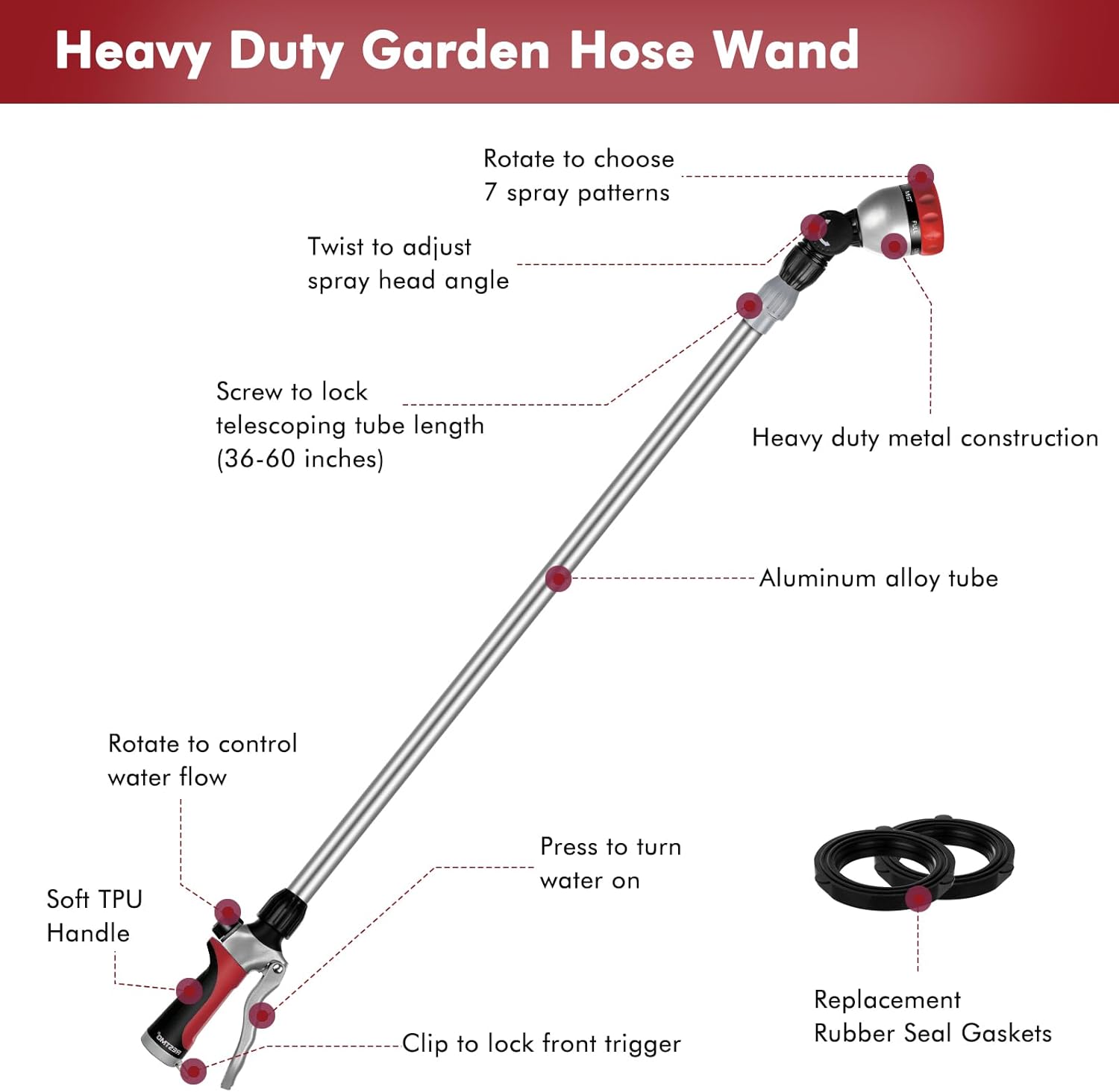 RESTMO Metal Watering Wand, 36”-60” Long Telescopic Tube | 180° Adjustable Ratcheting Head | 7 Spray Patterns | Flow Control, Perfect Garden Hose Sprayer to Water Hanging Baskets, Shrubs, Red