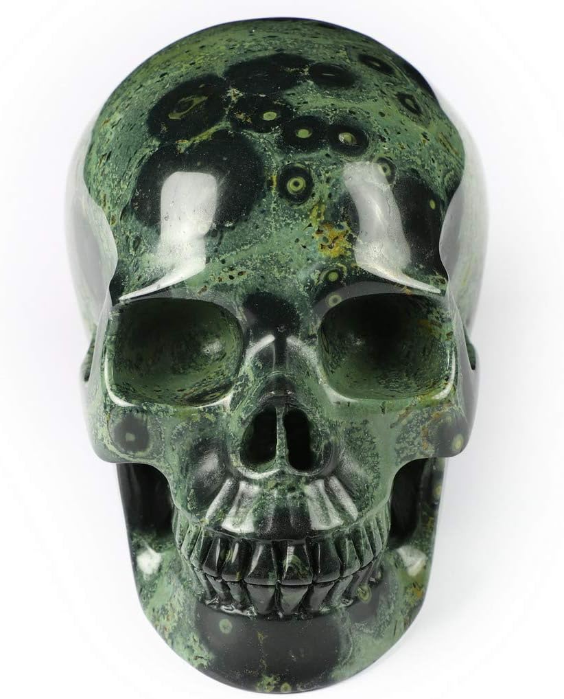 Skullis 5.0" Kambaba Jasper Crystal Skull, Hand Carved Gemstone Fine Art Sculpture, Reiki Healing Stone Statue.