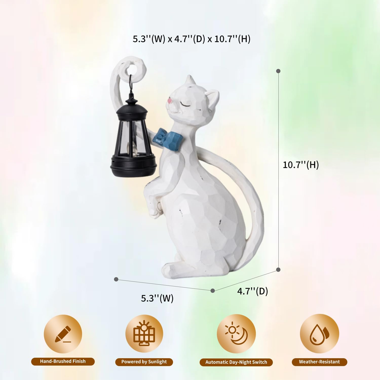 WHIMSYNOOK 10.7" White Cat Solar Garden Light Statue – Outdoor Garden & Yard Decor, LED Lantern, Gift for Cat Lovers