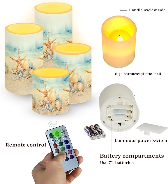 Flameless Candles Battery Powered LED Candles with Remote Timer Color Changing Control Long Lasting for Indoor Outdoor Home Coastal Decoration Pack of 4, Starfish Seashell Painting