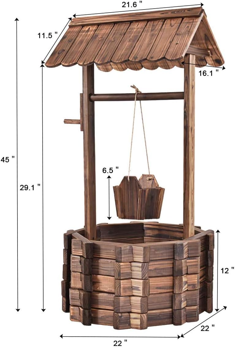 ReunionG Outdoor Wooden Wishing Well Garden Planter with Hanging Flower Bucket for Patio Garden Home Decor