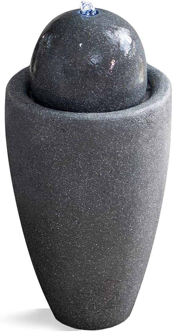 XBrand 25.98" H Round Stone Indoor/Outdoor Modern Stone Textured Sphere Water Fountain w/LED Lights, Gray