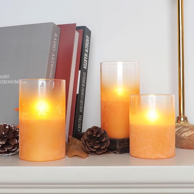 Orange Flameless Candles - Battery Operated Candles with Remote Orange Glass Sandblasted Design Wax Unscented - Centerpieces for Dinner Table Tray House Warming Thanksgiving Gifts
