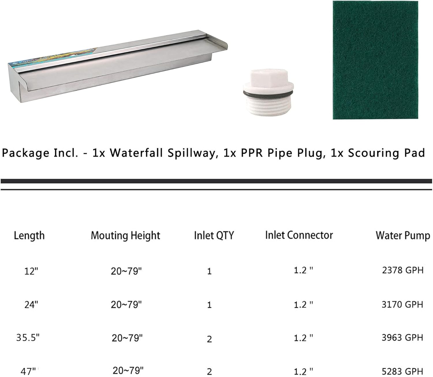 YUDA 24 Inch Water Pool Fountain, 304 Stainless Steel Pool Waterfall with Wider Water Flow Platform, Professional Waterfall Spillway for Sheer Descent Garden Outdoor