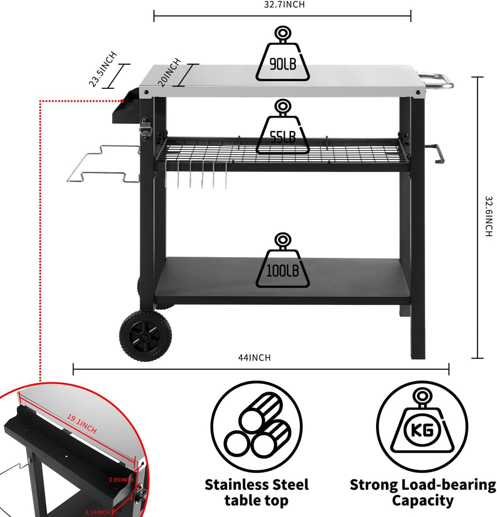 Grill Cart Table with Three Shelf, Movable Outdoor Dining Cart Pizza Oven Stand with Three Hooks, Kitchen Cart Island Multifunction Food Prep Table (Sliver)