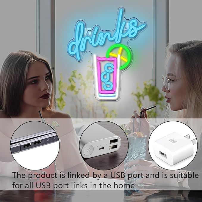 WLHOPE Drinks Neon Signs Cool Drink Cup LED Neon Lights for Wall Decor, USB Cocktail Art Wall Lights for Home Bar Club Hotel Restaurant Cafes Shops Wedding Birthday Party