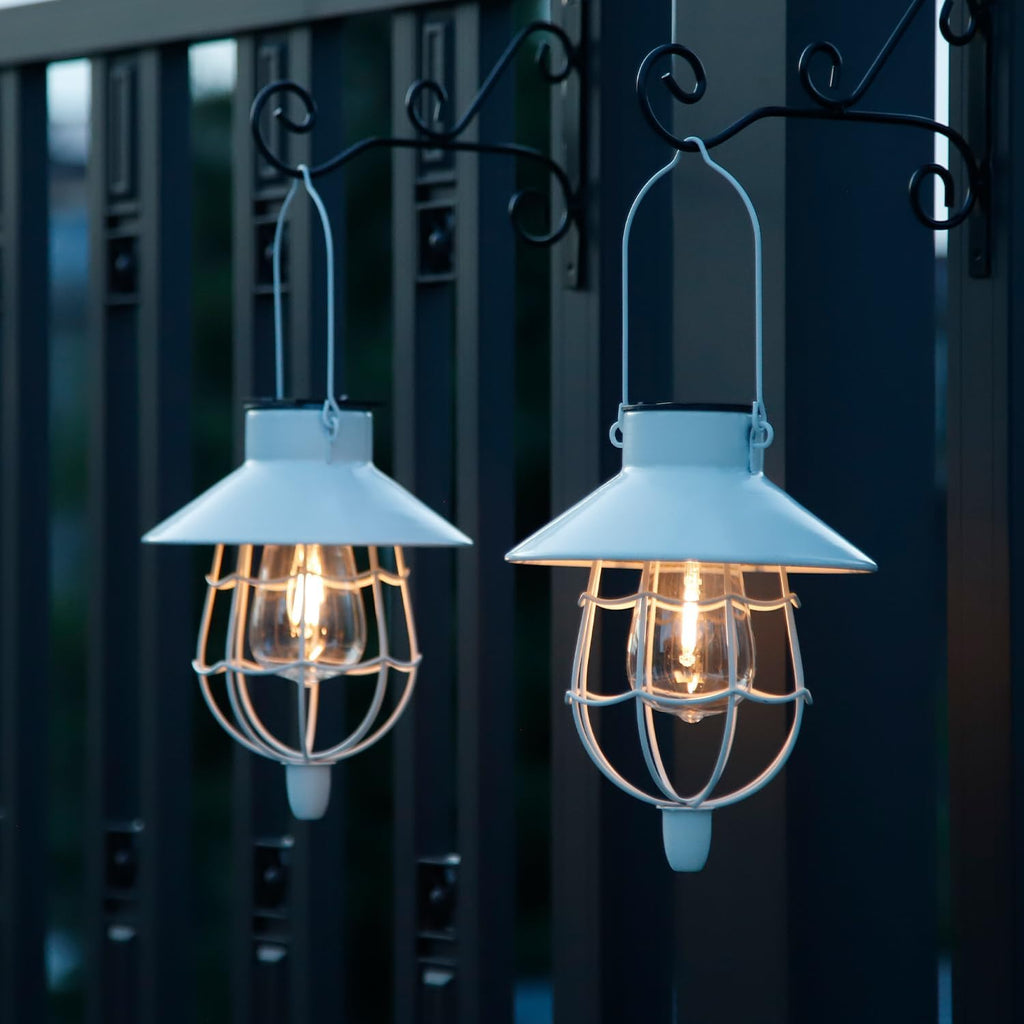 YAKii 2 Pack Solar Lantern Hanging Waterproof Outdoor Metal Solar Lamp with Warm White Light Decorate for Yard Garden Pathway Patio Porch Decor (White)