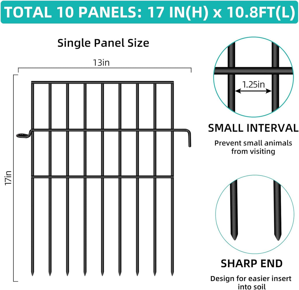 Animal Barrier Fence, 10 Panels No Dig Fences, 17in(H) X 10.8ft(L) Garden Fence Animal Barrier for Rabbits and Dog Under Fencing Barrier, Rustproof Metal Fences Border for Outdoor, Yard, Patio