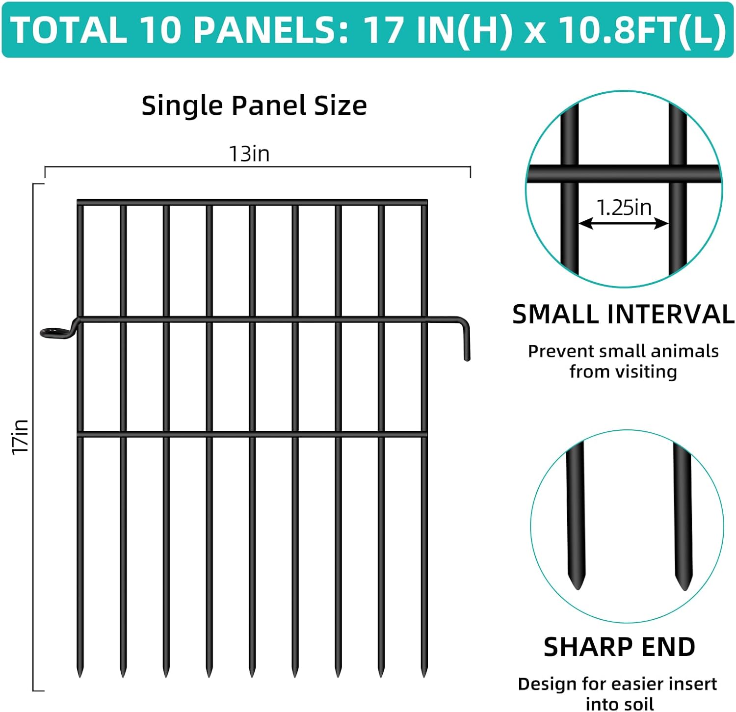 Animal Barrier Fence, 10 Panels No Dig Fences, 17in(H) X 10.8ft(L) Garden Fence Animal Barrier for Rabbits and Dog Under Fencing Barrier, Rustproof Metal Fences Border for Outdoor, Yard, Patio