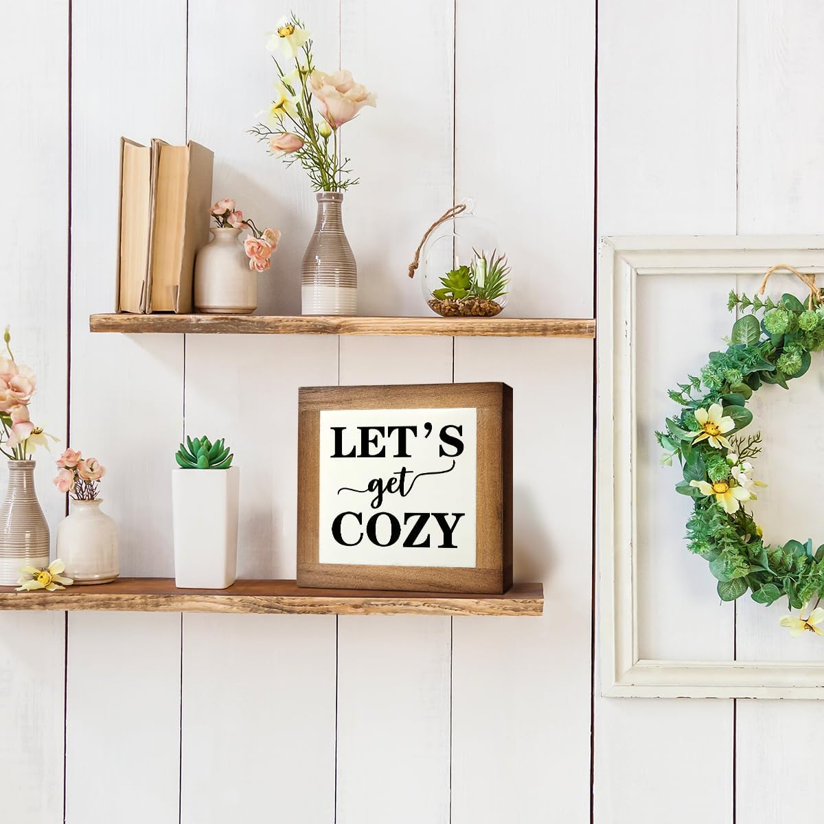 Inspirational Wood Signs, Box Wood Plaques Desk Décor, Farmhouse Home Decor Sign for Shelf, Family Table Decor for Kitchen Bedroom Dining Room, Living Room Decor, Housewarming Gift, Let's Get Cozy F