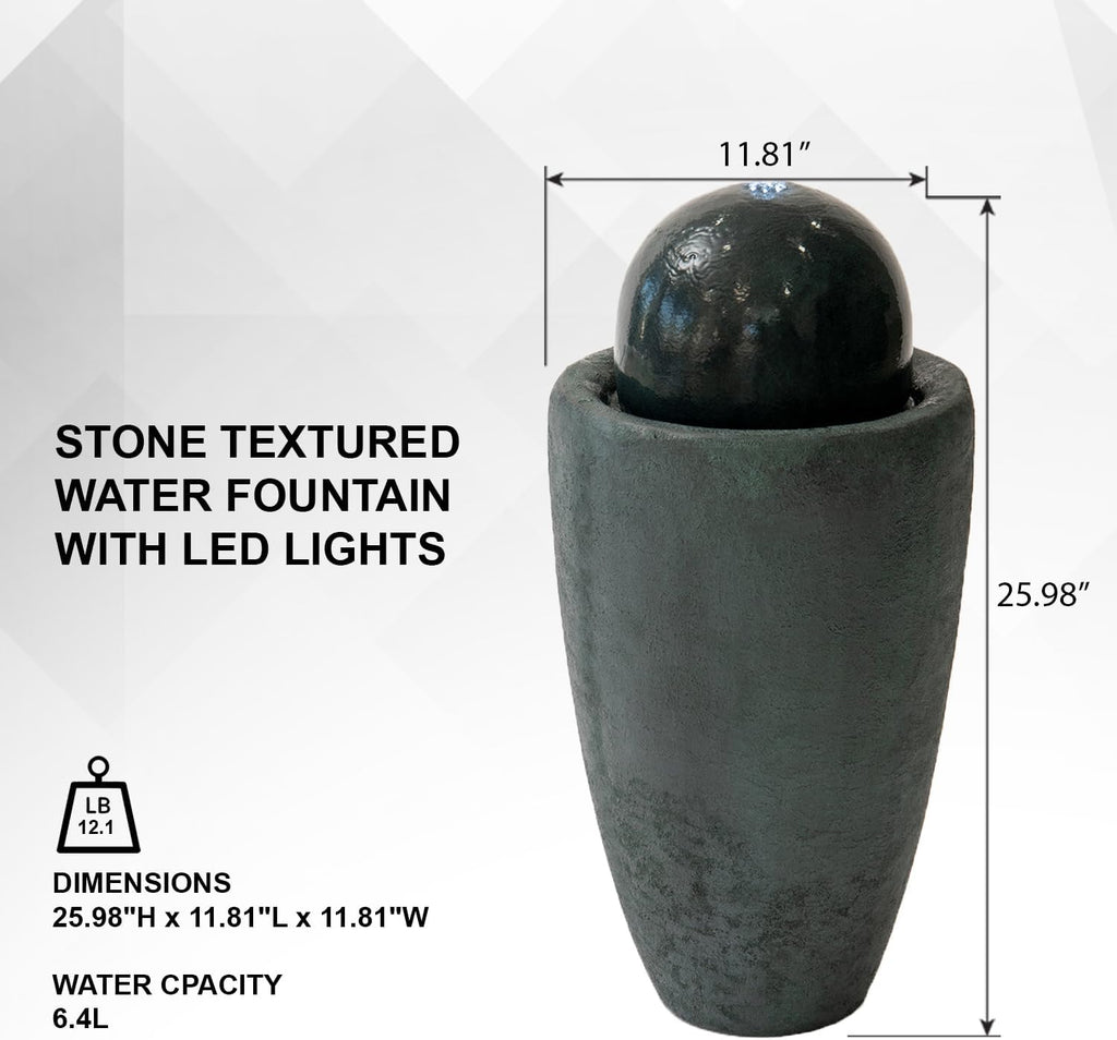 XBrand 25.98" H Round Stone Indoor/Outdoor Modern Stone Textured Sphere Water Fountain w/LED Lights Dark Green