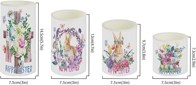 Happy Easter Flameless LED Candles Electric Candles with Remote Timer Colorful Light Control Long Lasting for Easter Day Decorations Pack of 4, Bunny Flower Butterfly Wreath, White