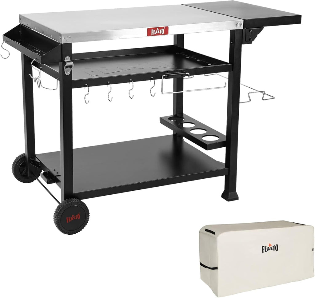 Outdoor Grill Table Cart, Pizza Oven Table Stand for Outdoor Indoor, 40" x 26" Stainless Steel Tabletop Dining BBQ Grill Table with Wheels for Food Prep, 3-Shelf Kitchen Cart Table with Cover
