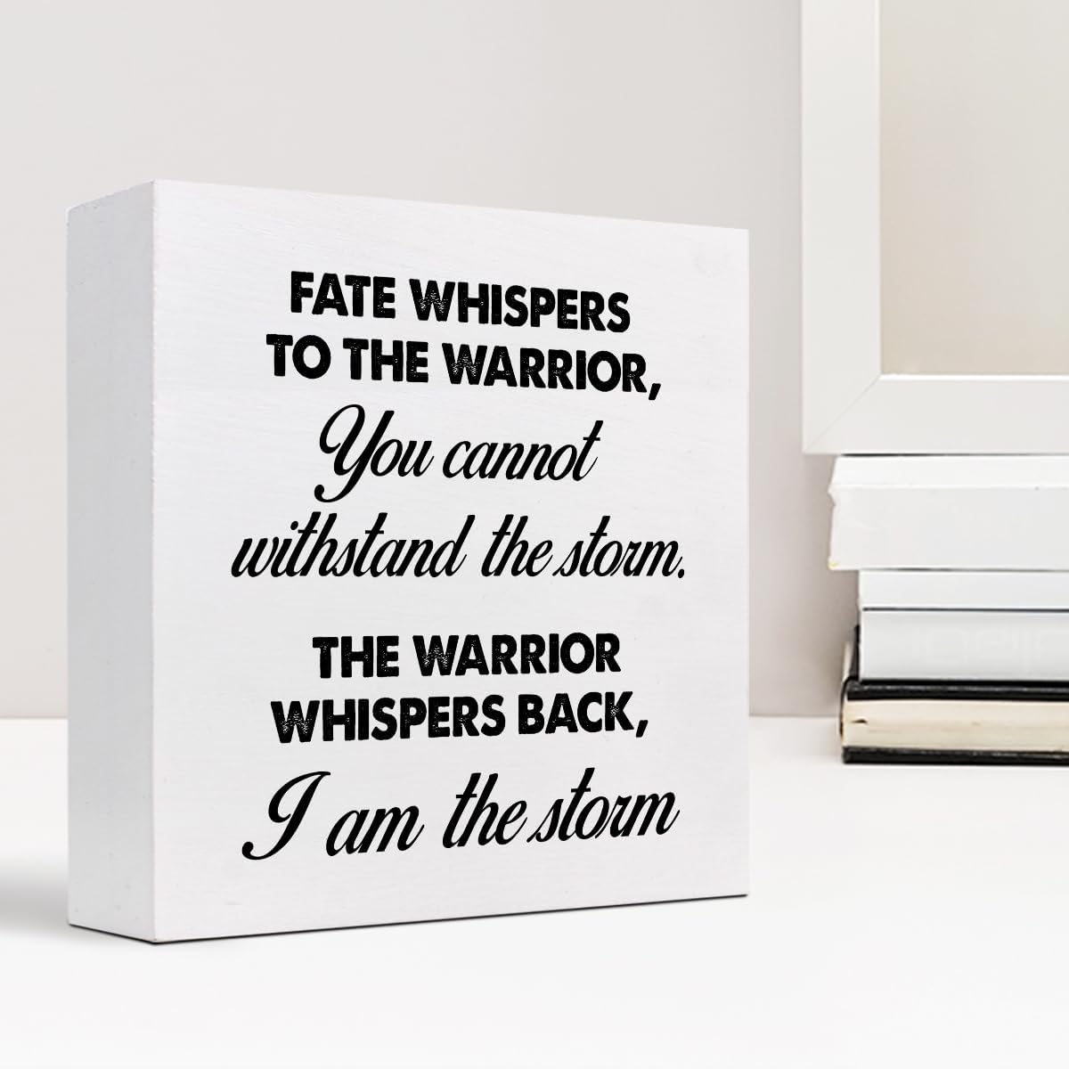 Motivational Wood Box Sign,Fate Whispers to The Warrior Inspirational Wooden Block Sign for Home Bedroom Farmhouse Wall Shelf Table Decor