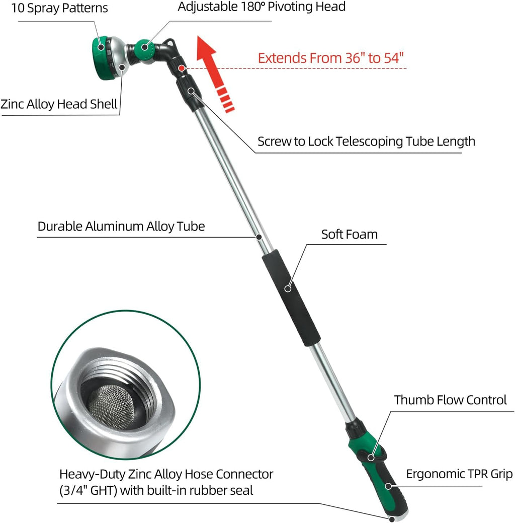 Telescoping Watering Wand for Garden Hose, 36”-54” Adjustable, 10 Spray Patterns, Heavy-Duty Hose Nozzle with Thumb Control & Pivoting Head, Ideal for Hanging Baskets and Shrubs, Green