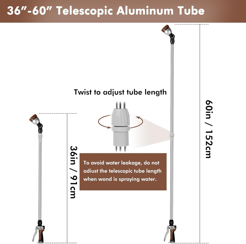 RESTMO 36”-60” Metal Watering Wand, Long Telescopic Tube | 180° Adjustable Ratcheting Head | 7 Spray Patterns | Flow Control, Garden Hose Sprayer to Water Hanging Baskets, Shrubs, Brown
