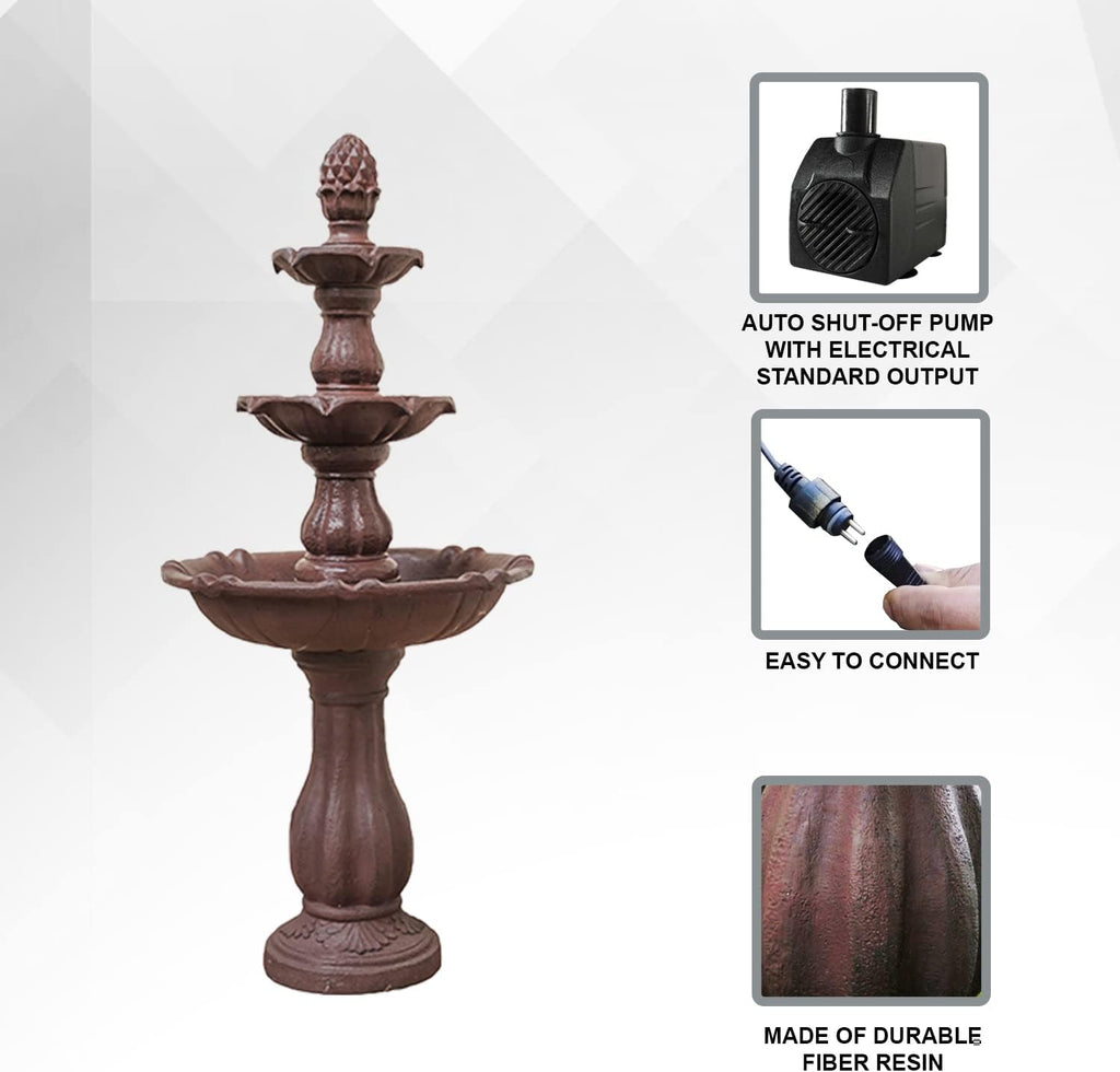 XBrand 3-Tier Freestanding Waterfall Fountain w/Pump & Pineapple Top, 51 Inch Tall, Brown, Large Outdoor Garden Fountain, Ideal for Garden, Porch, and Lawn