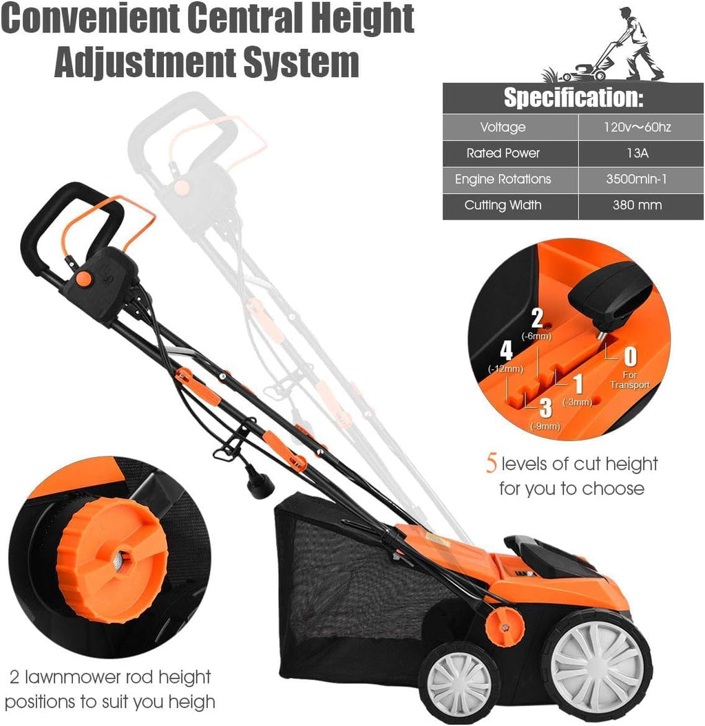 Goplus 2-in-1 Electric Corded Lawn Dethatcher with 5 Cutting Heights, 15-Inch 13 Amp Electric Scarifier w/ 13.5 Gallon Collection Bag, 2 Removable Blades for Garden Yard