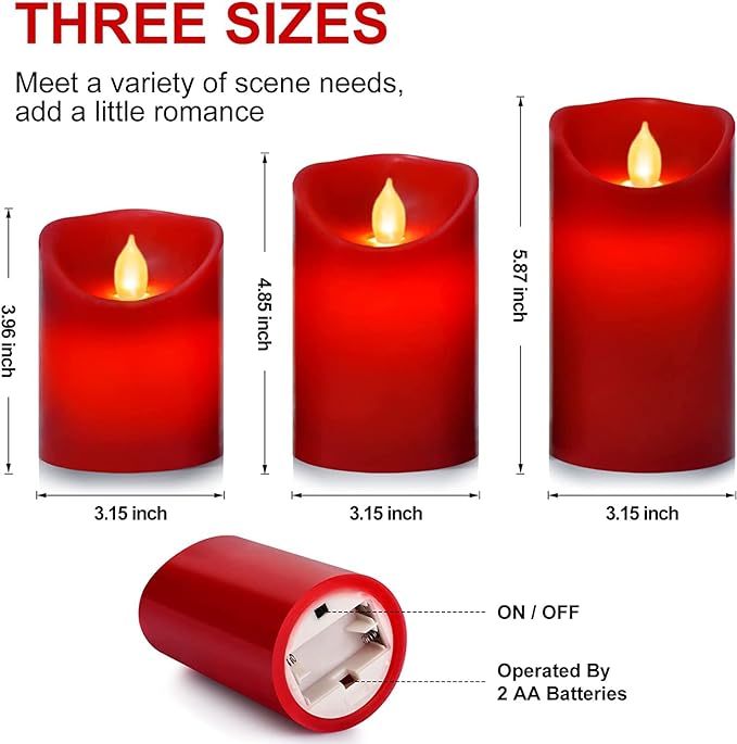 Flameless Battery Operated Flickering Candles:3PACK Red Real Wax Pillar Candle,Electric LED Candle with 10-Key Remote Control and 24 Hours Timer for Home Decoration Holiday Party