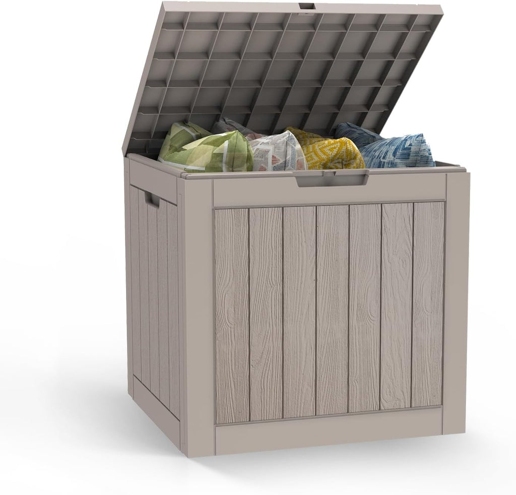 Mars Villa 31 Gallon Deck Box, Outdoor Storage Box Waterproof, Outside Resin Storage Bin for Outdoor Patio Furniture Cushions, Pool Supplies, Garden Tools, UV-Resistant and Weatherproof, Light Brown
