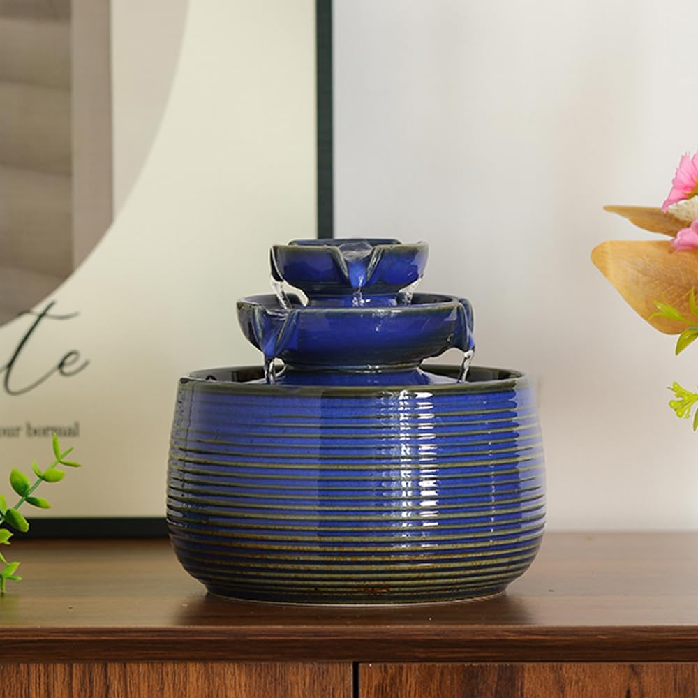 Outdoor and Indoor Water Feature Fountain Waterfall Tabletop Desktop mini Ceramic Garden Fountain (Blue A171)