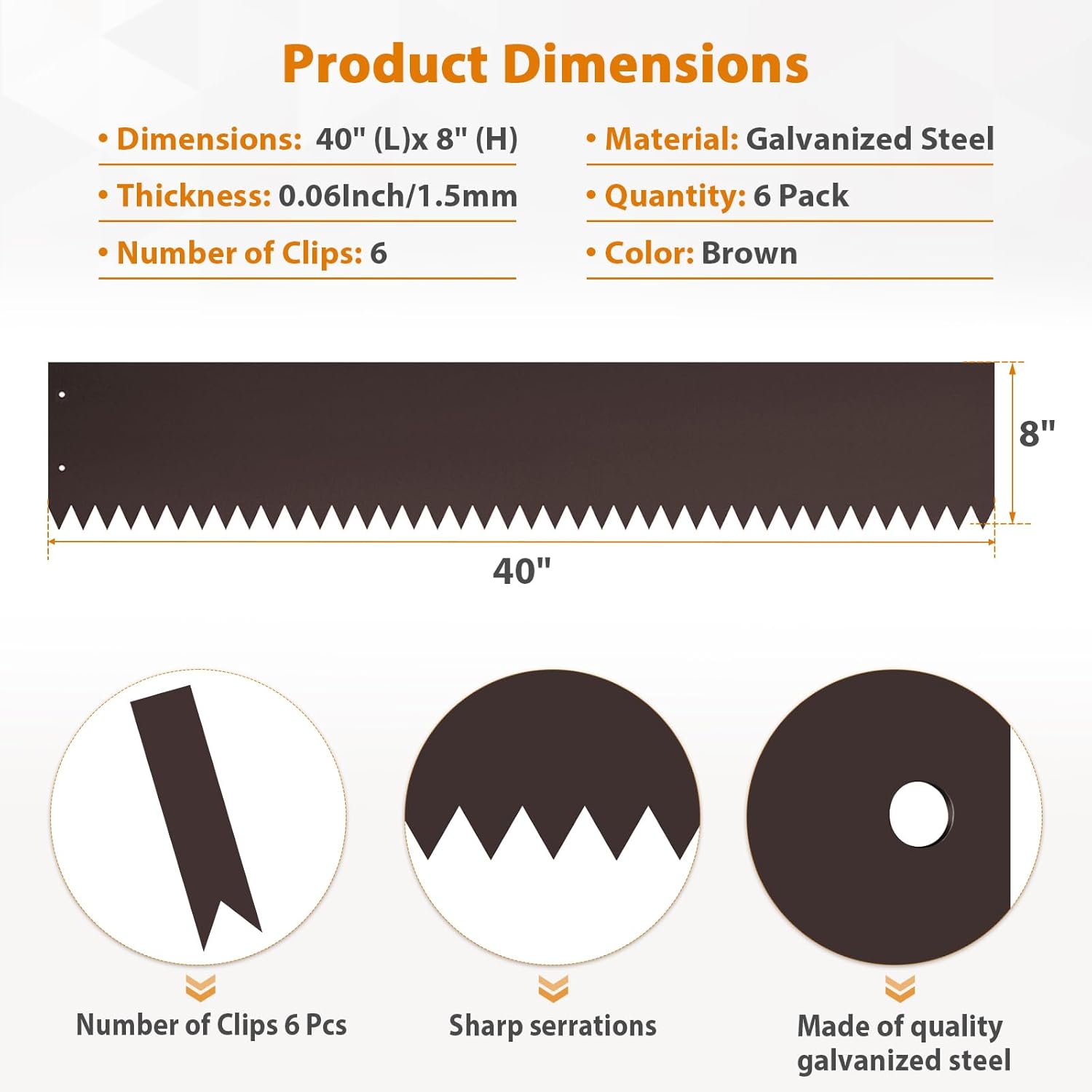 8 Inch Metal Landscape Edging, 6 Pack Heavy Duty Galvanized Steel Garden Edging, Hammer-in Metal Edging for Landscaping for Lawn, Pathway, Yard