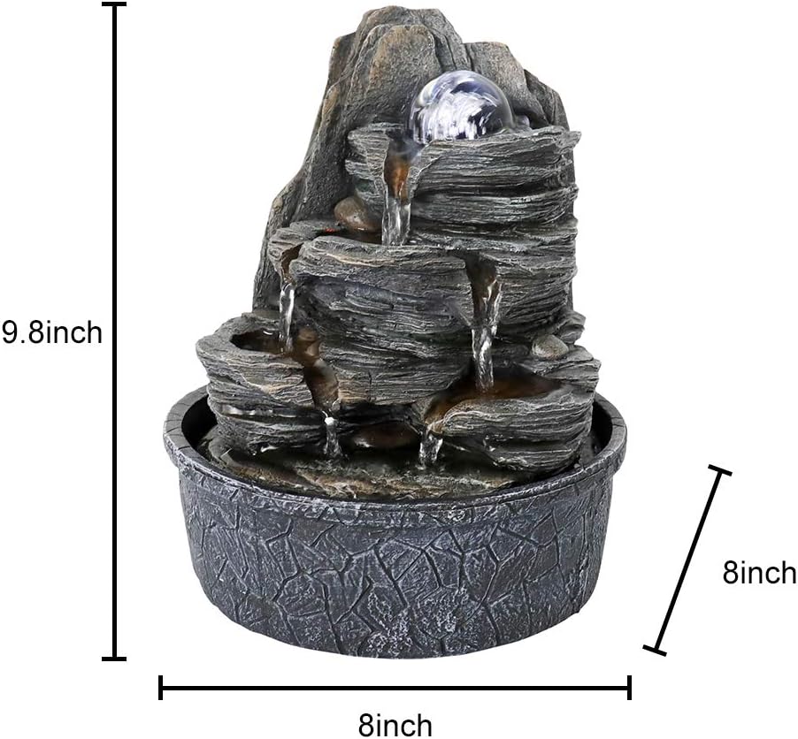 Rockery Indoor Water Fountain, Zen Meditation Tabletop Fountain with LED Lights & Crystal Ball for Home Office Bedroom 9 4/5"