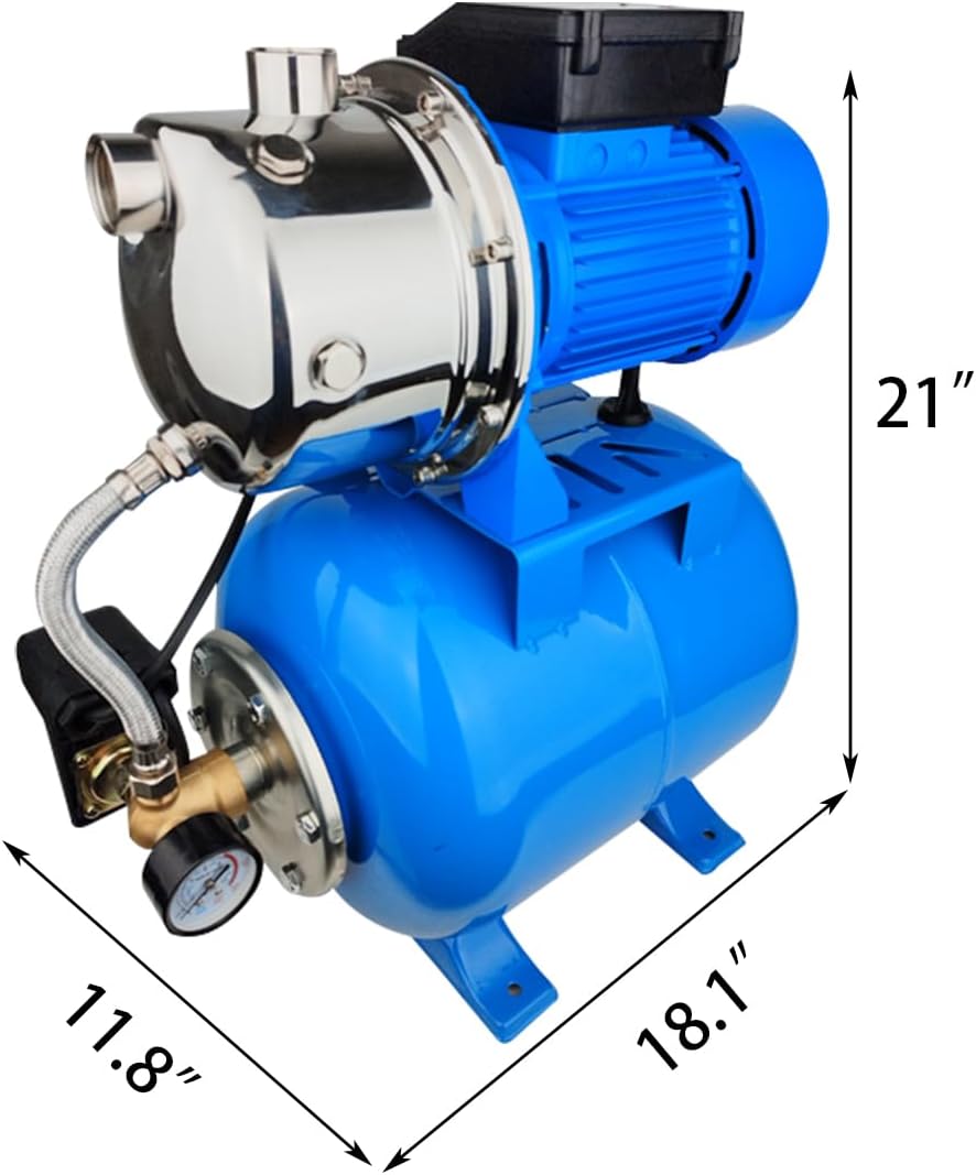 1.6Hp SS Shallow Well & Pressure Booster Pump 110V Water Transfer 48m 15GPM Automatic for Home Garden Sprinkler System Lawn Farm Draining Irrigation