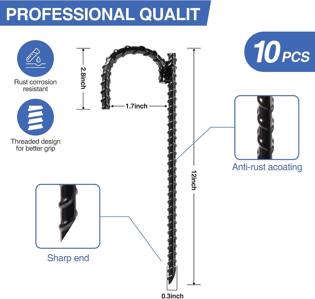 10pcs Threaded Steel bar Stakes/Ground Stakes/Outdoor Fence Ground Stakes.New J Hook Heavy-Duty rebar Metal Stakes ，Proof Coated Steel Ground Stakes with Chisel Point End.