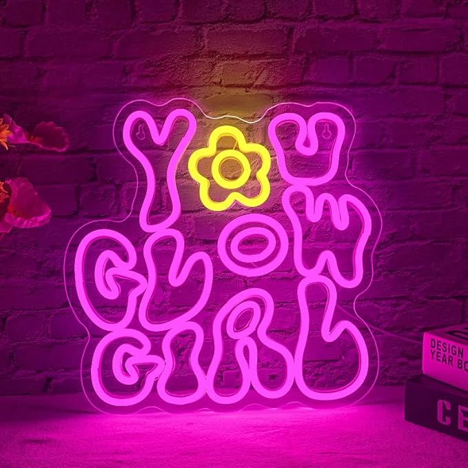WLHOPE You Glow Girl Neon Sign Pink Led Neon Signs for Wall Decor USB Glowing Girl Neon Light Signs Man Cave Wall Art Signs for Bedroom Girls Room Bar Club Shop Office Wedding Birthday Party