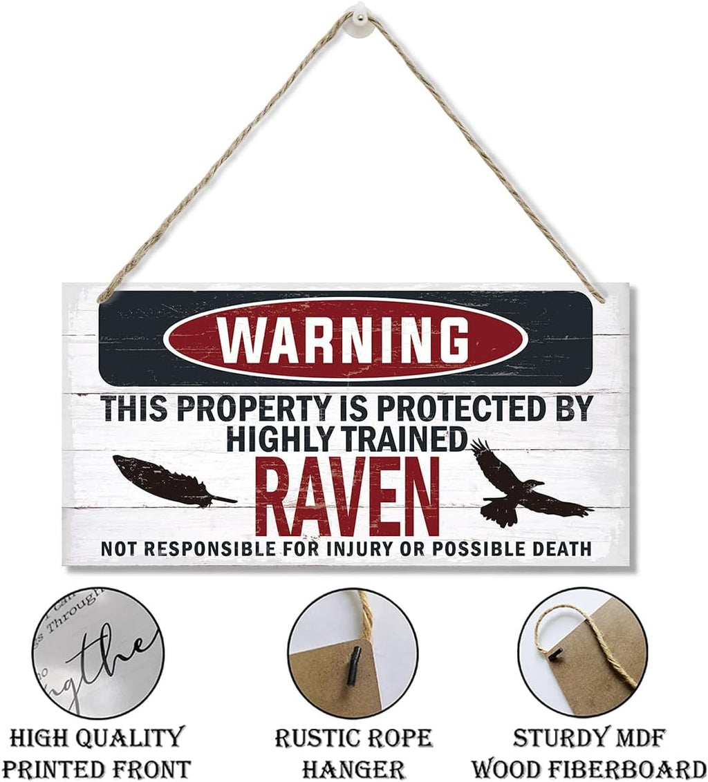 Warning Sign, Raven Warning Wood Plaque Sign, Funny Door Signs, Decorative Wood Hanging Suspension Plaque, Farmhouse Wooden Wall Decor, Outdoor Hanging Wooden Signs
