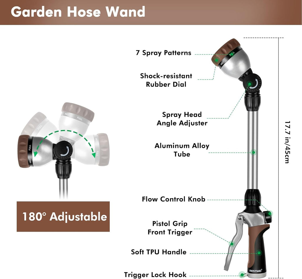 RESTMO Metal Watering Wand, Heavy Duty Garden Hose Wand with 180° Swivel Ratcheting Head, 16'' Hose Nozzle Sprayer with 7 Spray Patterns and Flow Control, for Water Hanging Baskets and Shrubs, Brown