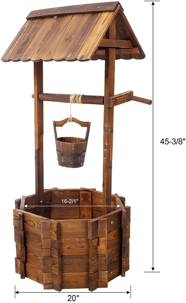 Wooden Wishing Well Outside, Large Wishing Well Planter with Hanging Bucket, Rustic Flower Planter Patio Garden Lawn Home Decor, 45.4'' x 20'' x 20''