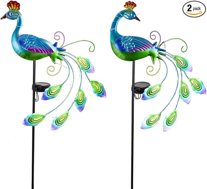 DREAMSOUL 2 Pack Peacock Solar Lights Outdoor Waterproof, Metal Outdoor Solar Lights for Yard Garden Peacock Decor