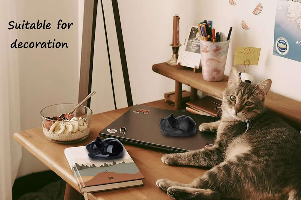 LAIDANLA Sleeping Cat Statue Matt Black Obsidian Healing Gemstone Hand Carved Cute Kitten Statue Figurine 1.6" Decor Polished Stone Reiki Bedroom Office Desk Home Decoration Gifts