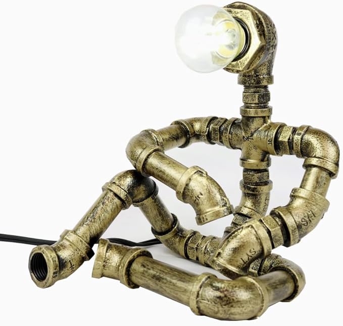 Steampunk Table Robot Lamps with 2 Bulbs,Retro Industrial Robot Desk Lamps Water Pipe Light for Office,Bedroom,Living Room in Bronze