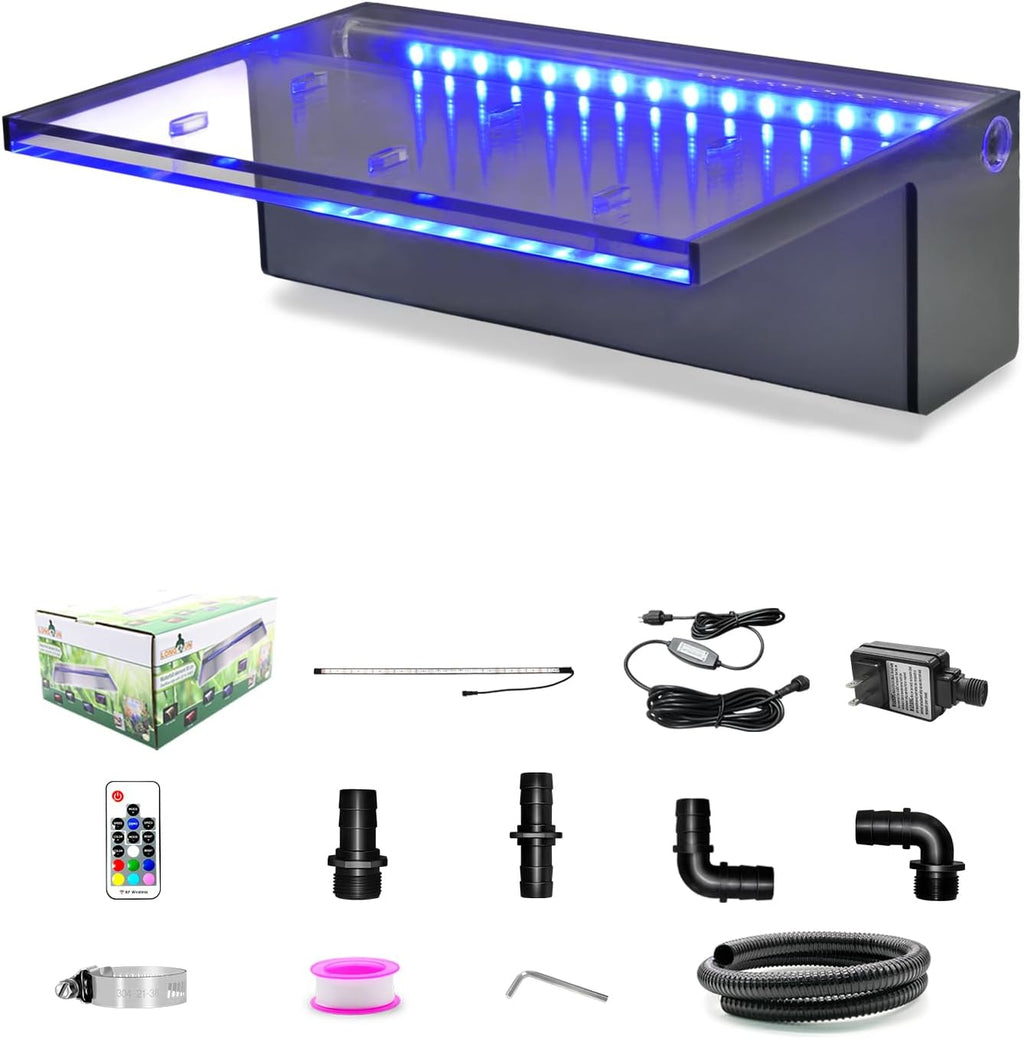 LONGRUN Waterfall Spillway Multi-Color LED Light Outdoor Pool Fountain, Acrylic Water Spillway Koi Pond Waterfalls Fountains Kit for Garden Patio Swimming Pool Koi Ponds Decoration-11.8"