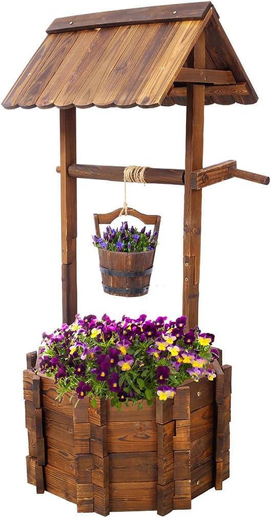 Wooden Wishing Well Outside, Large Wishing Well Planter with Hanging Bucket, Rustic Flower Planter Patio Garden Lawn Home Decor, 45.4'' x 20'' x 20''