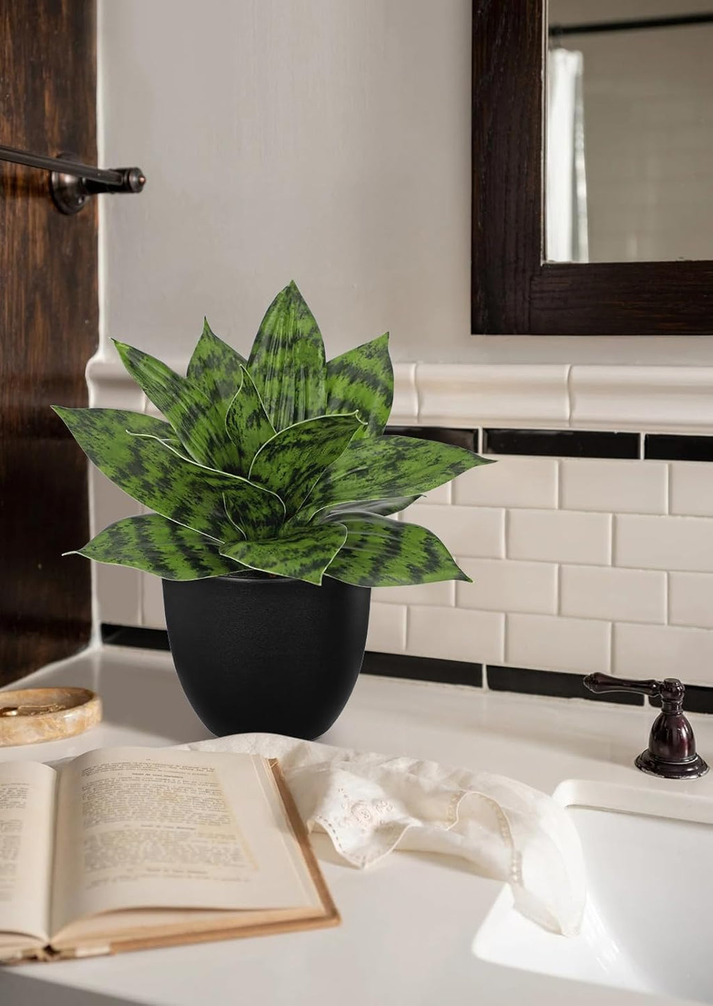 Hollyone Artificial Snake Plants 9" Faux Agave Succulent Plant Potted in Black Pot Fake Sansevieria Aloe Tropical Plant for Desk Modern Office Home Bathroom Indoor Outdoor Decor
