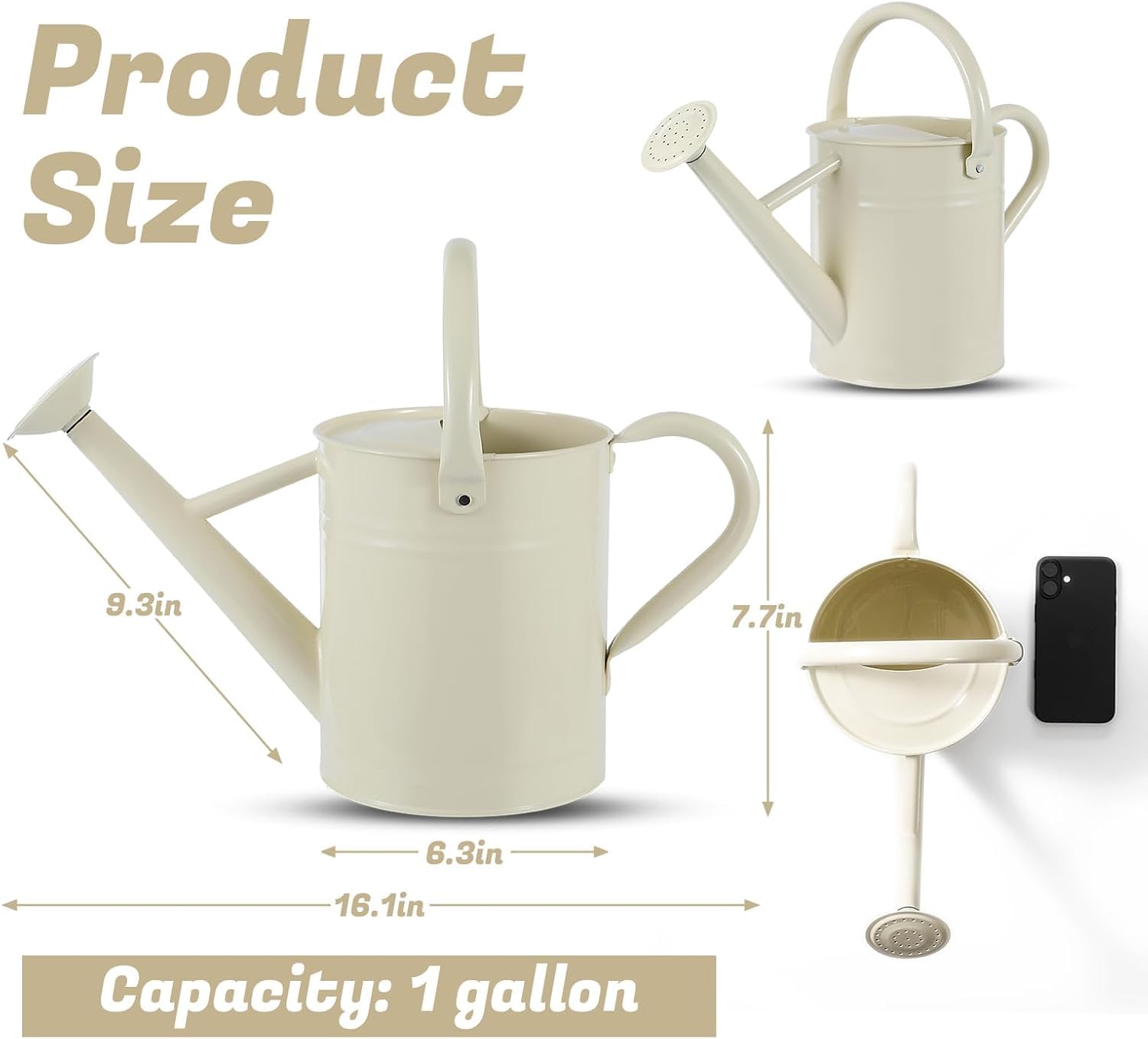 1 Gallon Watering Can for Plants, Watering Cans for Indoor&Outdoor Gardening, Galvanized Steel Watering Pot with Removable Spout, Metal Water Can with Ergonomic Movable Handle(White)