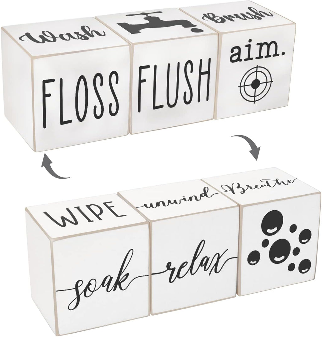 Farmhouse Funny Bathroom Decor, 4-Sided Wooden Blocks, Country Rustic Cute Bathroom Sign for Shelf, Black and White House Home Decorations Accents, 2.8