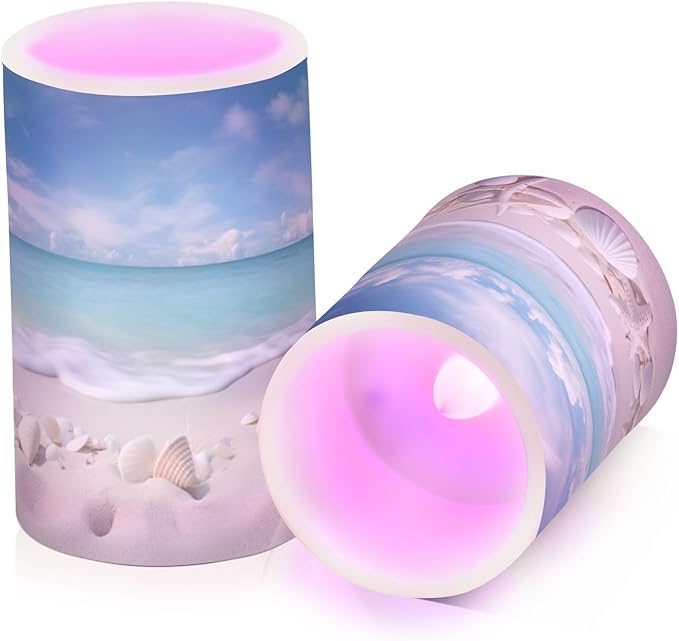 Flickering Flameless Candles, Starfishes Seashells Beach Blue Sky LED Candles with Remote Timer, Set of 2 Battery Operated Candle for Valentine Wedding Birthday