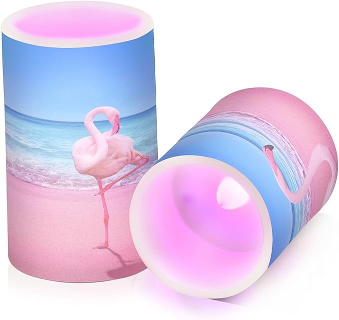 Flickering Flameless Candles, Pink Flamingo on Beach LED Candles with Remote Timer, Set of 2 Battery Operated Candle for Valentine Wedding Birthday