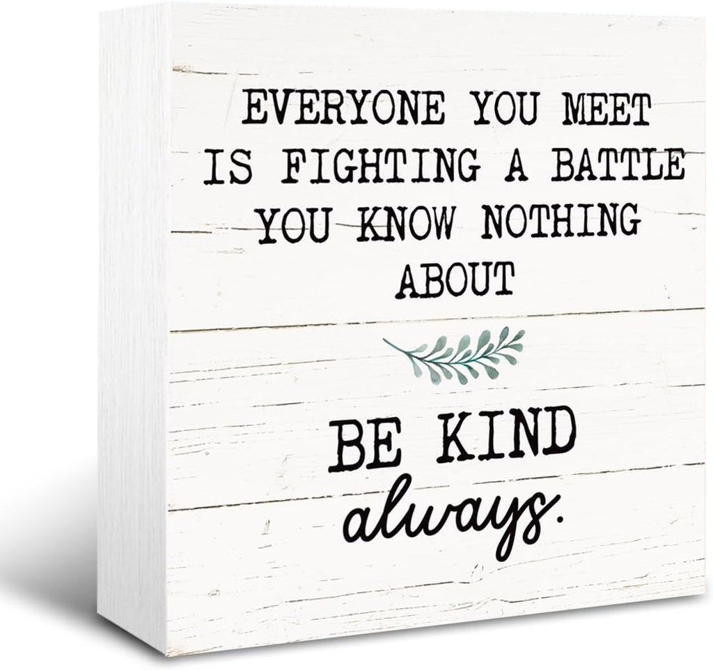 Inspirational Wood Block Signs, Positive Wood Decor, Shelf Table Decor, Desktop Decoration for Home Room Bedroom Office, Rustic Decorative Box Signs, Be Kind Always Sign, White
