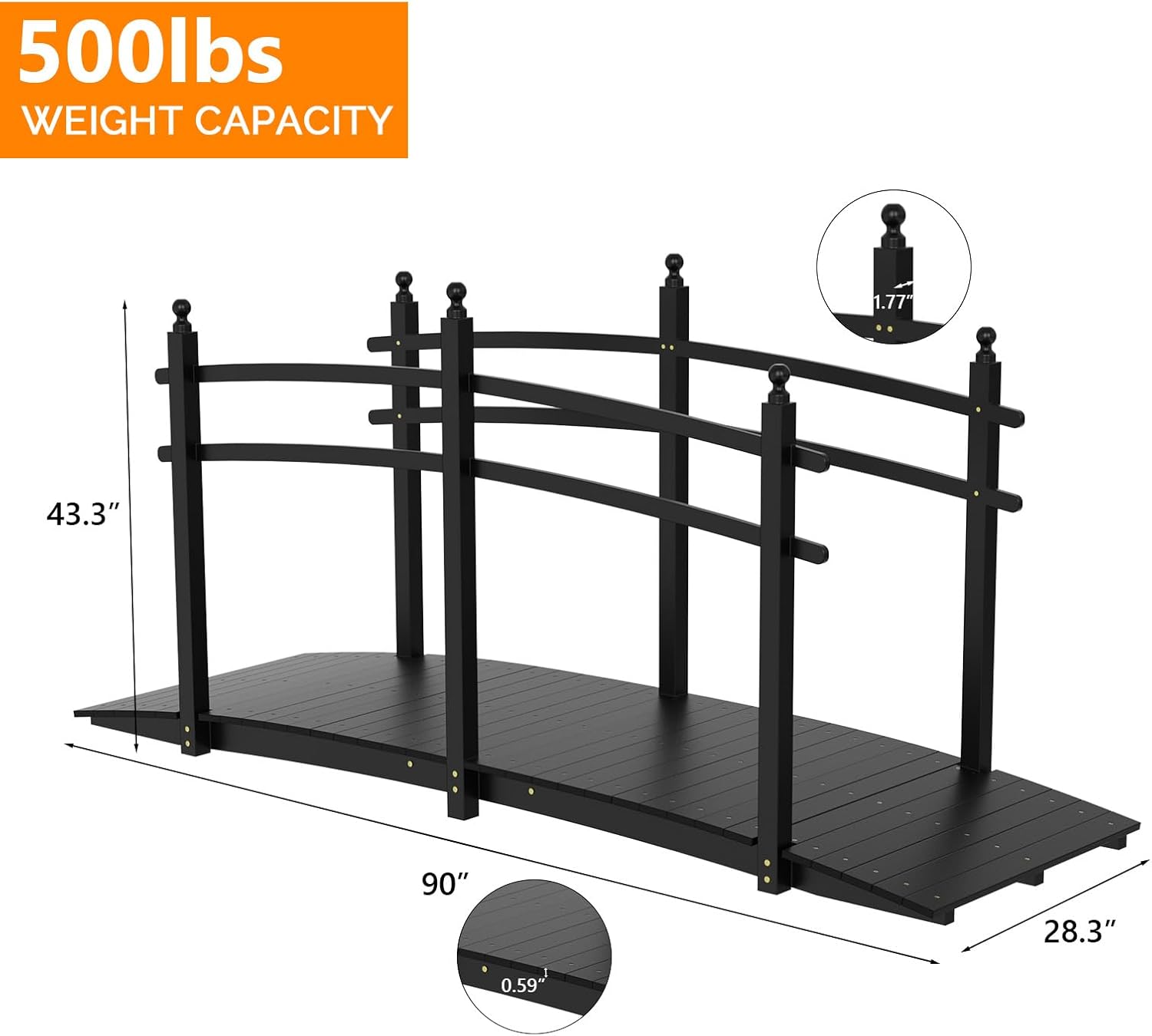 VINGLI Garden Bridge, Classic Wooden Arch with Safety Rails Footbridge (Black, 7.5 ft)